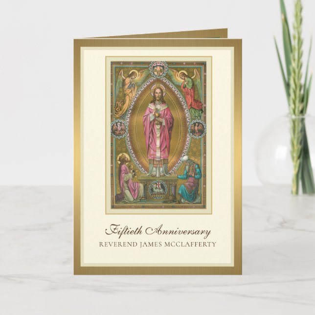 Elegant 50th Anniversary Ordination Priest Jesus Card (Front)
