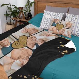 Elegant 50th Anniversary Photo Gold Glitter Heart  Fleece Blanket