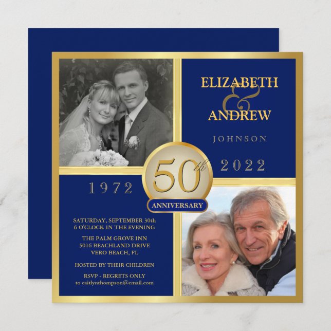 Elegant 50th Anniversary Then Now Navy Blue  Invitation (Front/Back)