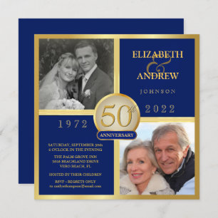 Elegant 50th Anniversary Then Now Navy Blue  Invitation