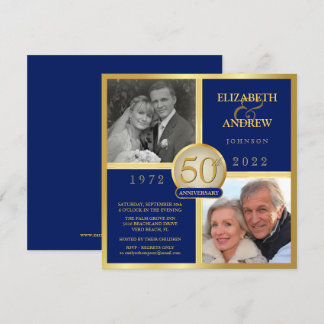 Elegant 50th Anniversary Then Now Navy Blue  Invitation