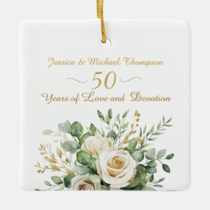 Elegant 50th Anniversary White Roses Gold Rings Ceramic Ornament