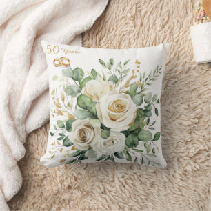 Elegant 50th Anniversary White Roses Gold Rings Cushion