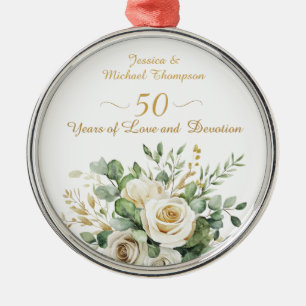 Elegant 50th Anniversary White Roses Gold Rings Metal Ornament