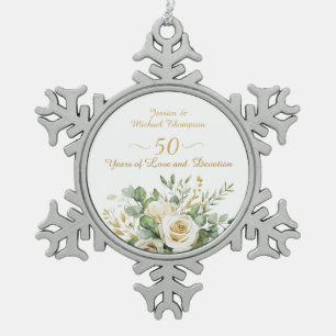 Elegant 50th Anniversary White Roses Gold Rings Snowflake Pewter Christmas Ornament