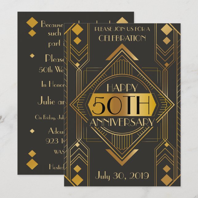 Elegant 50th Art Deco Anniversary Invite (Front/Back)