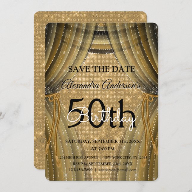Elegant 50th Birthday Black and Gold Sparkle Invitation (Front/Back)