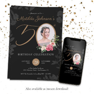 Elegant 50th Birthday Black Gold Botanical Custom Invitation