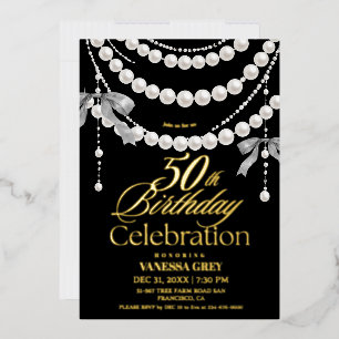 Elegant 50th Birthday Black Gold Pearls