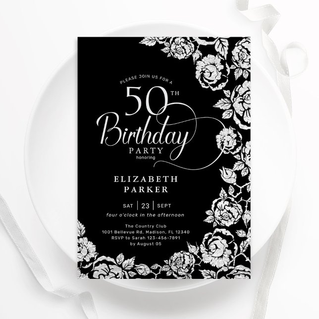 Elegant 50th Birthday Black Silver Roses Invitation (Creator Uploaded)