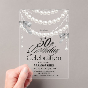 Elegant 50th Birthday Black White Pearls Acrylic Invitations