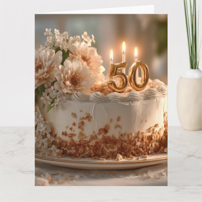 Elegant 50th Birthday Cake with Golden Topper Card (Front)