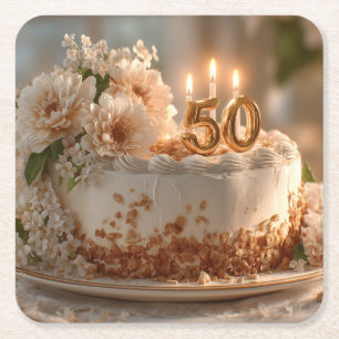 Elegant 50th Birthday Cake with Golden Topper Square Paper Coaster