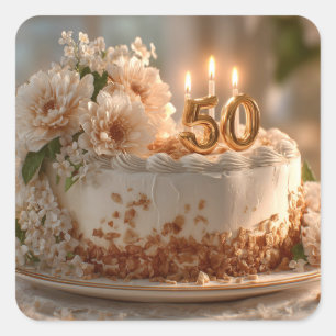 Elegant 50th Birthday Cake with Golden Topper Square Sticker