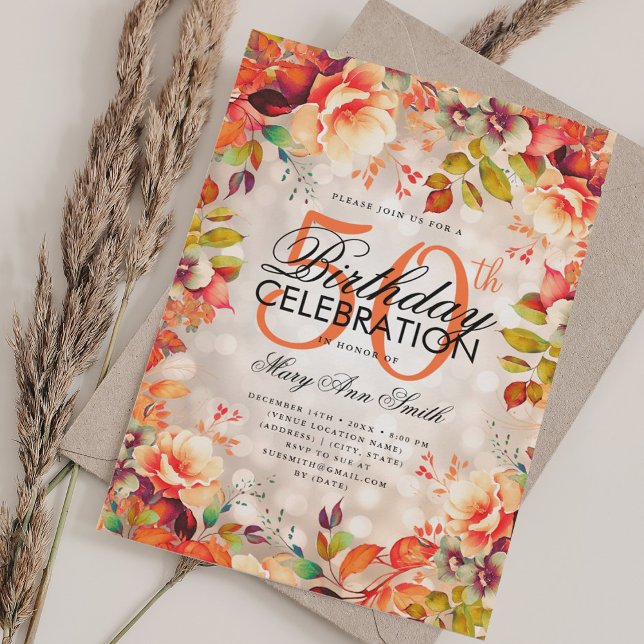 Elegant 50th Birthday Copper Fall Autumn Floral  Invitation (Elegant 50th Birthday Copper Fall Autumn Floral Invitation)