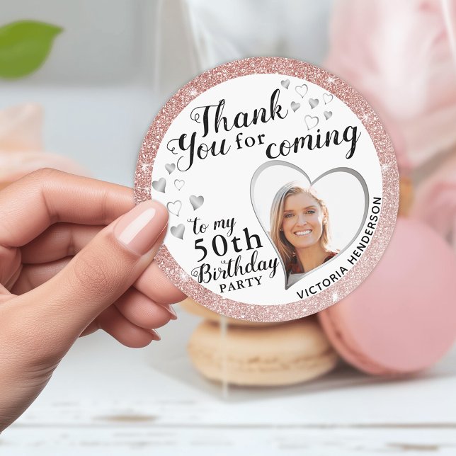 Elegant 50th Birthday Favour Rose Gold Thank You Classic Round Sticker (Elegant 50th Birthday Favor Rose Gold Thank You Stickers)