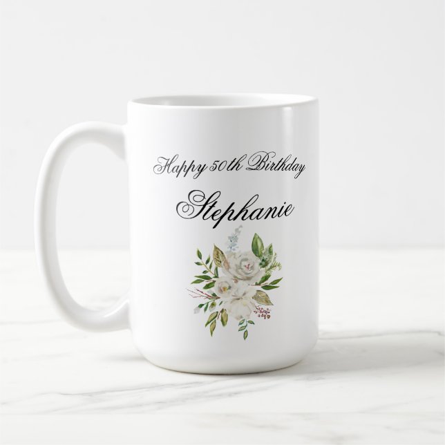 Elegant 50th Birthday Floral Personalised Coffee Mug (Left)