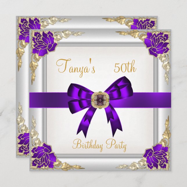 Elegant 50th Birthday Floral Purple White Gold 2 Invitation (Front/Back)