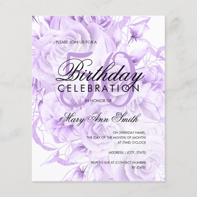 Elegant 50th Birthday Floral Purple White Invite Flyer (Front)