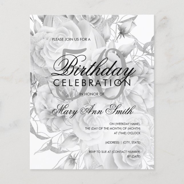 Elegant 50th Birthday Floral Silver White Invite (Front)