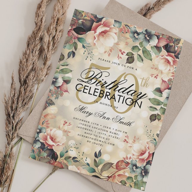Elegant 50th Birthday Glam Gold Floral Lights Invitation (Elegant 50th Birthday Glam Gold Floral Lights Invitation)