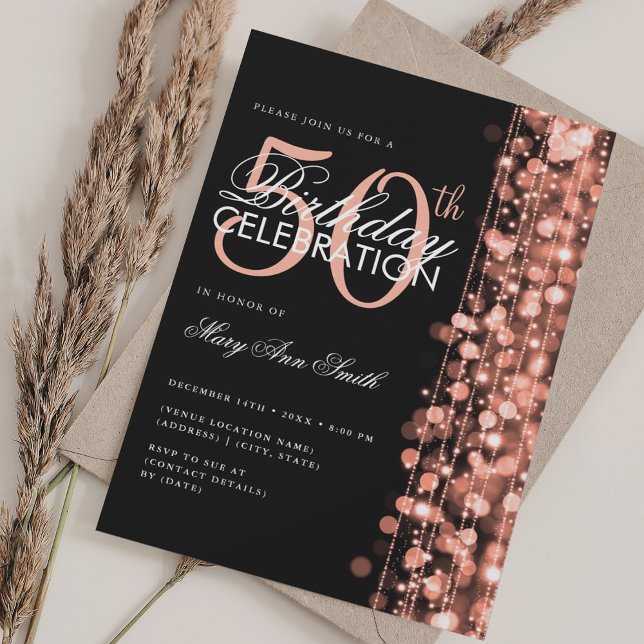 Elegant 50th Birthday Glam Sparkle Rose Gold Black Invitation (Elegant 50th Birthday Glam Sparkle Rose Gold Black Invitation)
