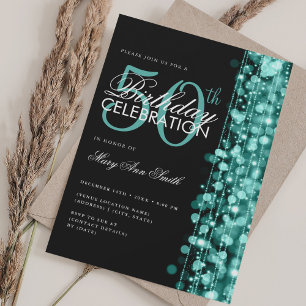 Elegant 50th Birthday Glam Sparkle Turquoise Invitation