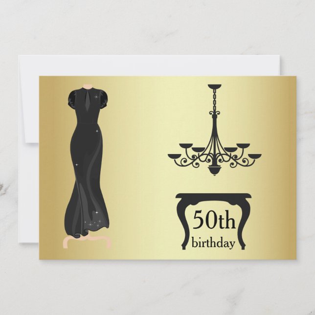Elegant 50th Birthday Gold and Black Invite (Front)