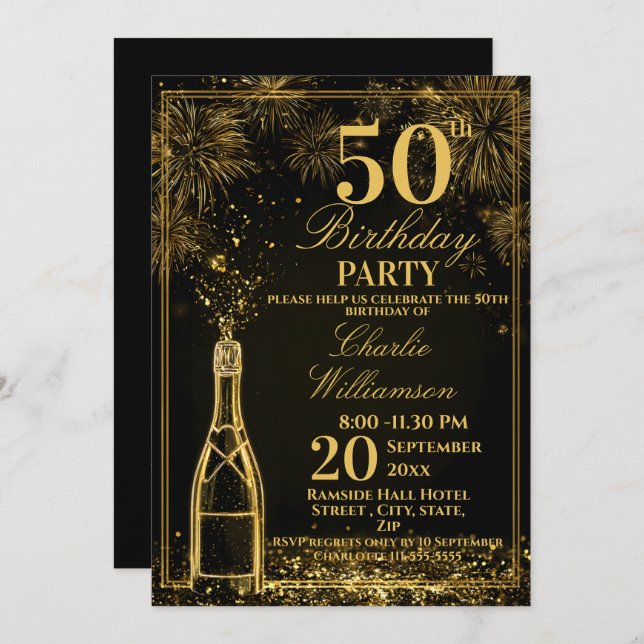 Elegant 50th Birthday Gold Bottle Fizz Invitation (Front/Back)