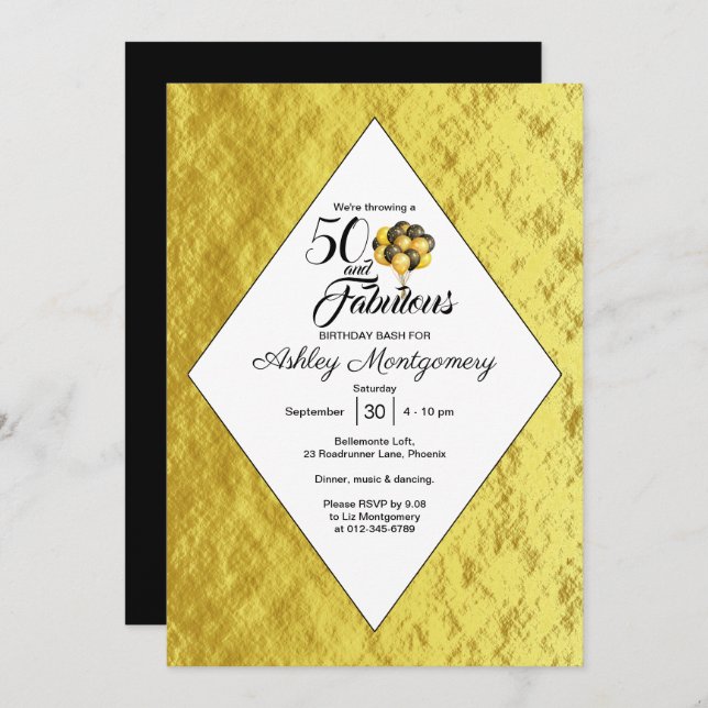 Elegant 50th Birthday Gold Foil Black Typography Invitation (Front/Back)