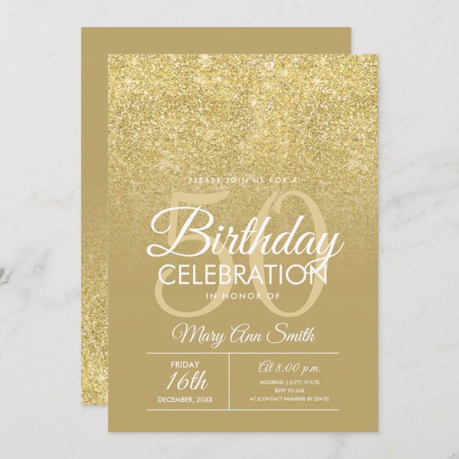Elegant 50th Birthday Gold Glitter Glam Invitation (Front/Back)