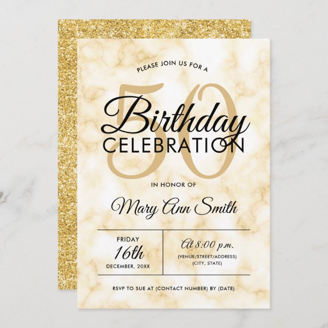 Elegant 50th Birthday Gold Marble Glam Invitation (Front/Back)