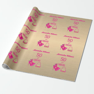 Elegant 50th Birthday Gold Pink High Heels Name Wrapping Paper