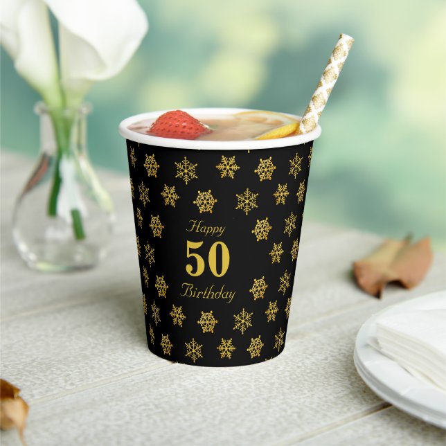 Elegant 50th Birthday & Golden Snowflakes on Black Paper Cups (Insitu)