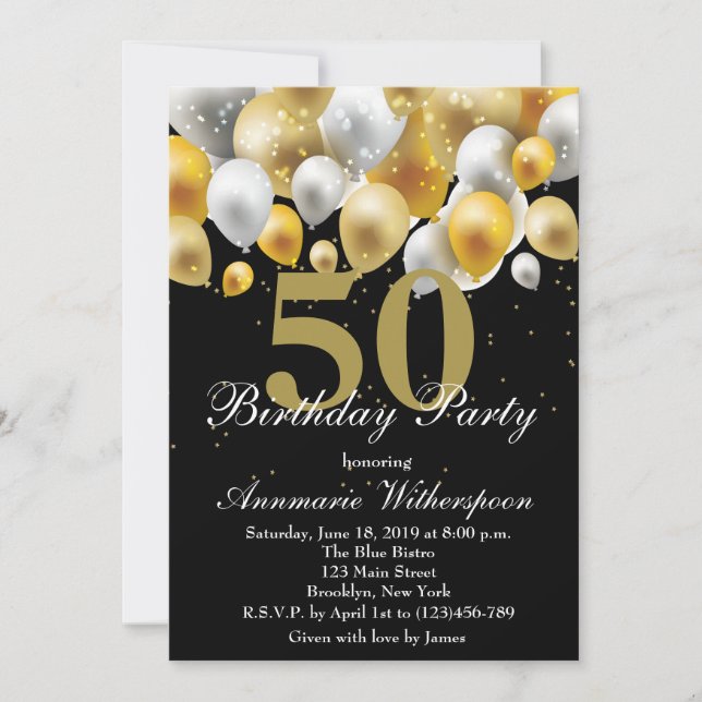 Elegant 50th Birthday Invitation Gold Balloons (Front)