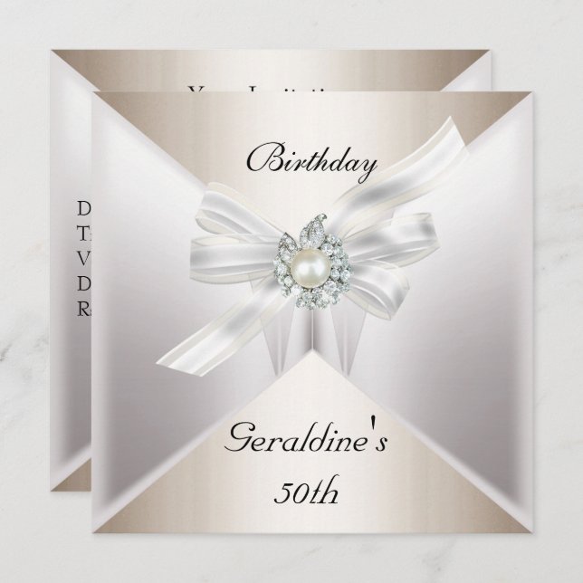 Elegant 50th Birthday Invite Pearl White Beige (Front/Back)