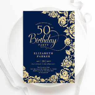 Elegant 50th Birthday Navy Gold Roses Invitation