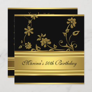 Elegant 50th Birthday Party Black Gold Floral 2 Invitation