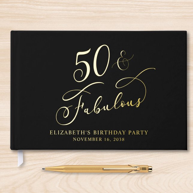 Elegant 50th Birthday Party Black Gold Guest Book (50 & Fabulous Gold Foil Guest Book)
