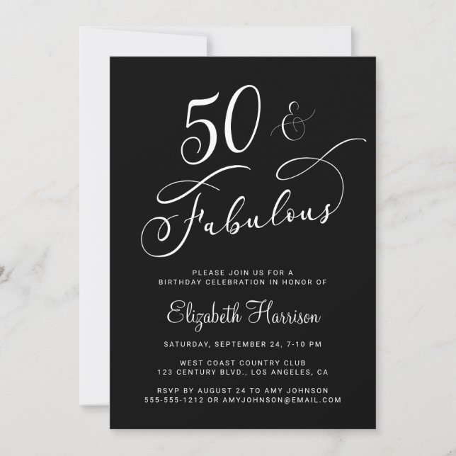 Elegant 50th Birthday Party Black Invitation (Front)