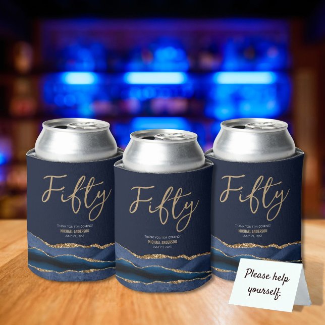 Elegant 50th Birthday Party Blue Gold Agate Can Cooler (Creator Uploaded)