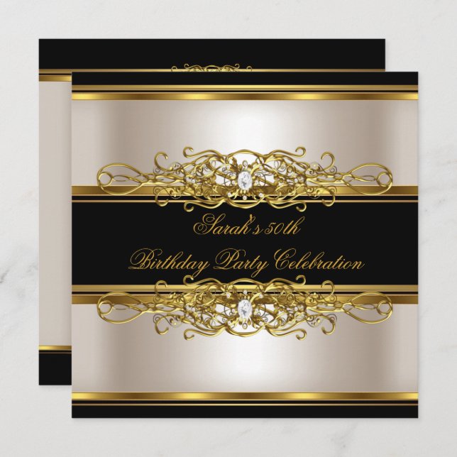 Elegant 50th Birthday Party Cream Gold Black Invitation (Front/Back)