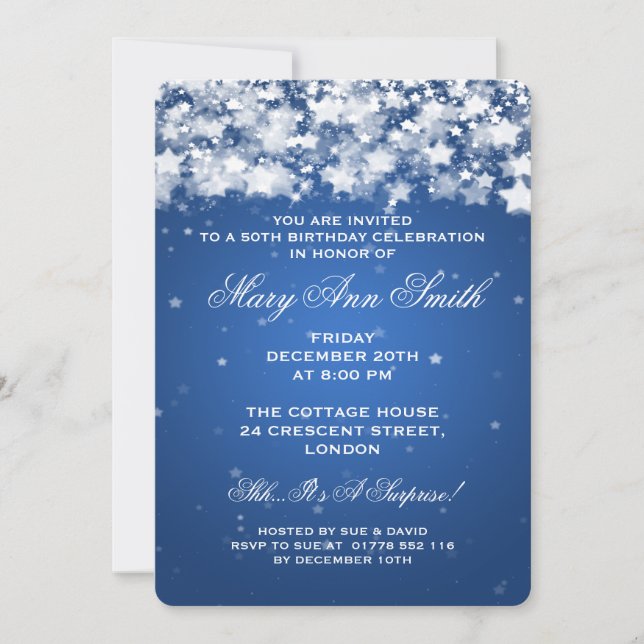 Elegant 50th Birthday Party Dazzling Stars Blue Invitation (Front)