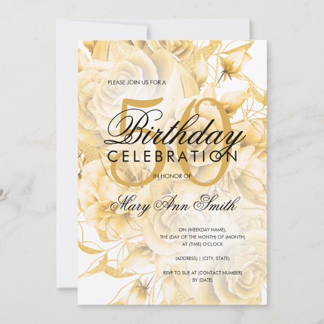 Elegant 50th Birthday Party Floral Gold White Invitation (Front)