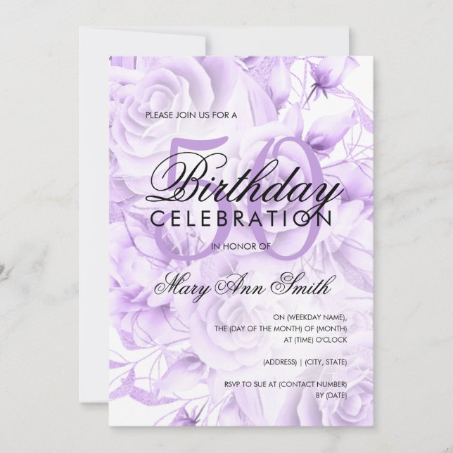Elegant 50th Birthday Party Floral Purple White  Invitation (Front)