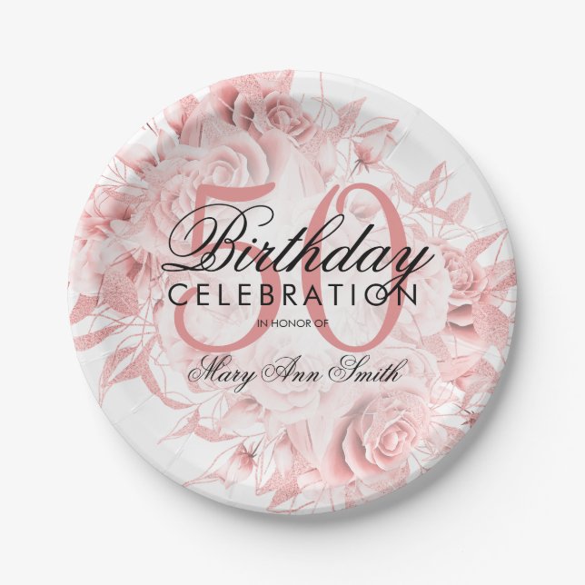 Elegant 50th Birthday Party Floral Rose Gold  Paper Plate (Front)