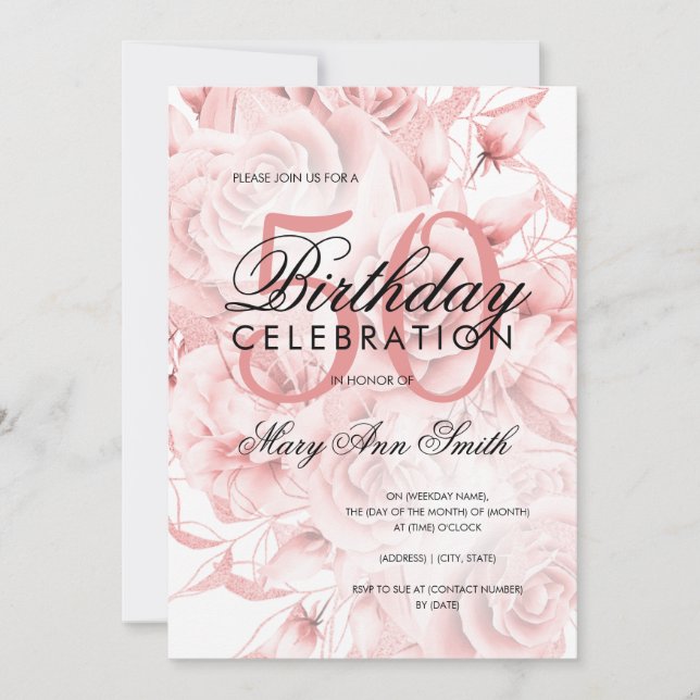 Elegant 50th Birthday Party Floral Rose Gold White Invitation (Front)