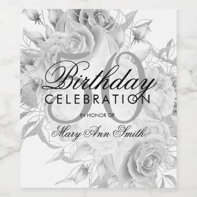 Elegant 50th Birthday Party Floral Silver White Wine Label (Single Label)