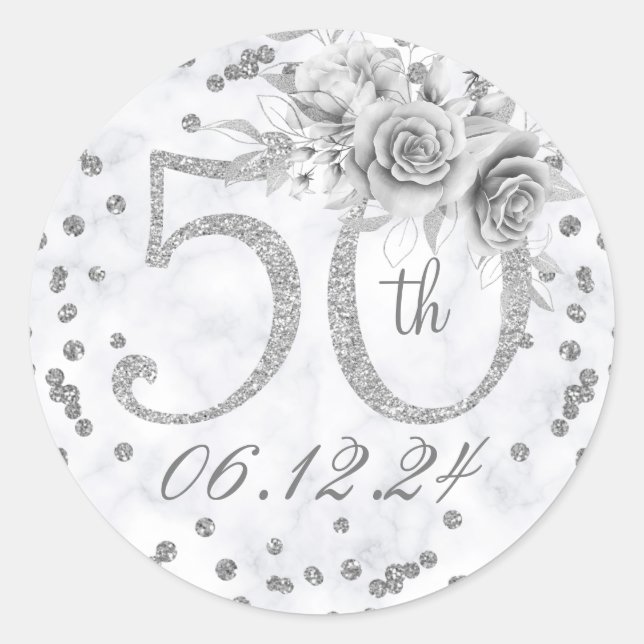 Elegant 50th Birthday Party Glam Marble Silver  Classic Round Sticker (Front)