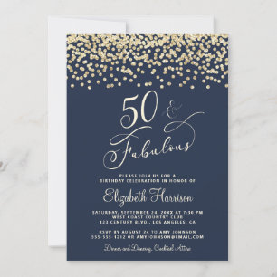 Elegant 50th Birthday Party Gold Glitter Blue Invitation